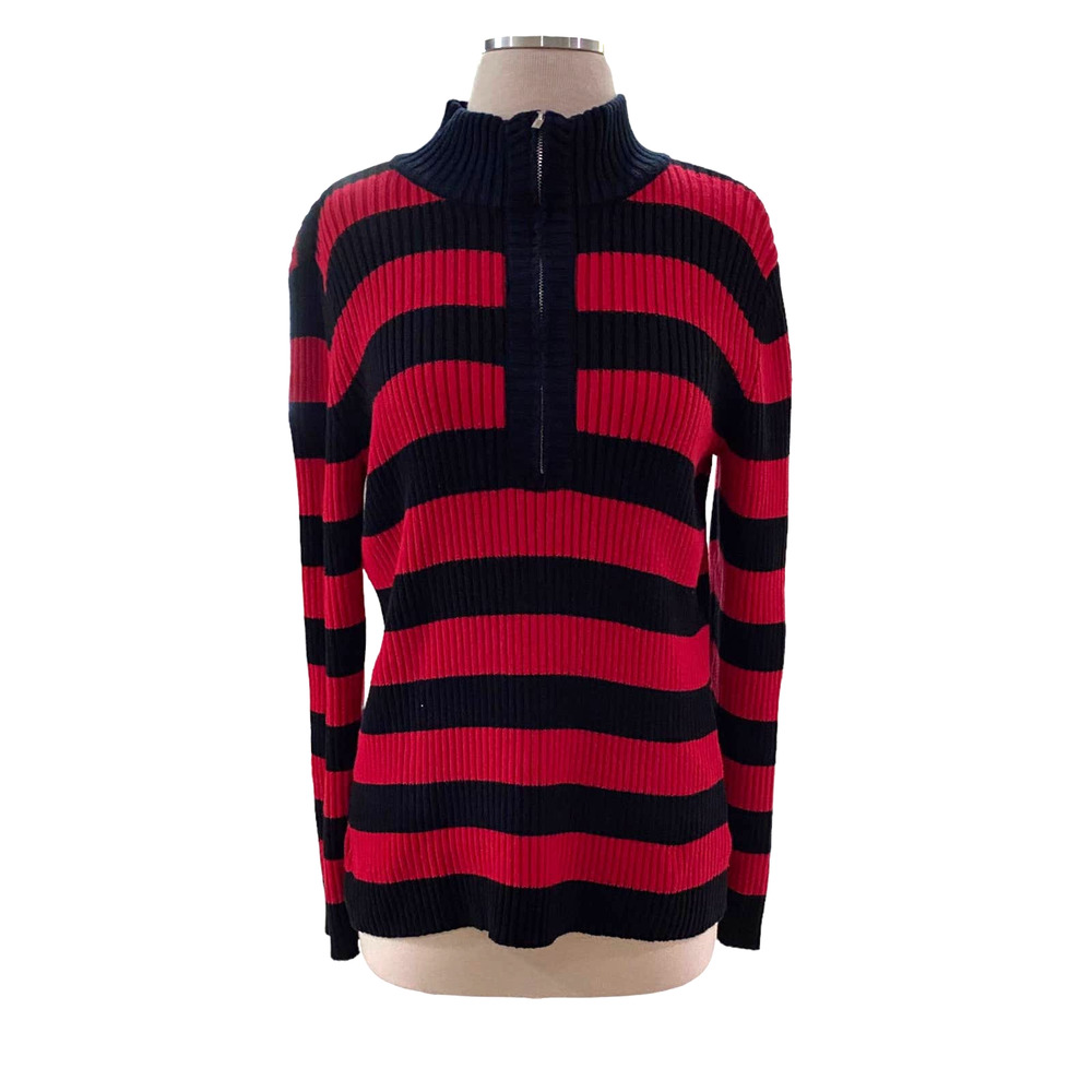 Women's Red & Black Striped Liz Claiborne Zipper Sweater